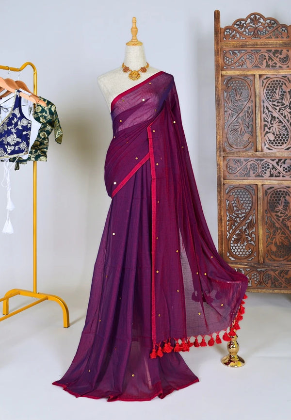 Purple-Wine Handspun Pure-Cotton Sequin-Stitched Bengal-Saree