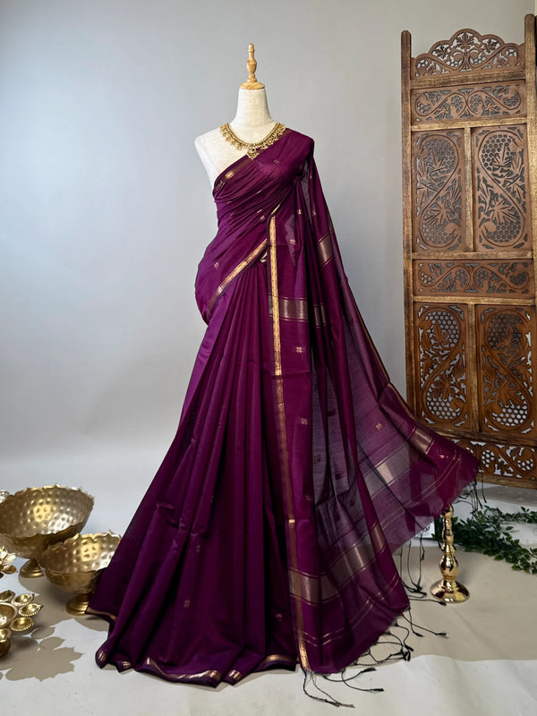 Purple-Wine Poly-Silk-Cotton Butta-Woven South-Saree