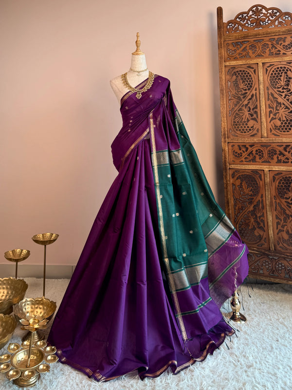 Purple-Green Silk-Cotton Woven-Butti South-Saree