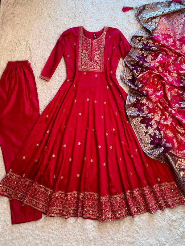 Rani-Pink Crepe-Silk Heavy-Embroidered Flare Anarkali-Kurti-Dupatta-Set
