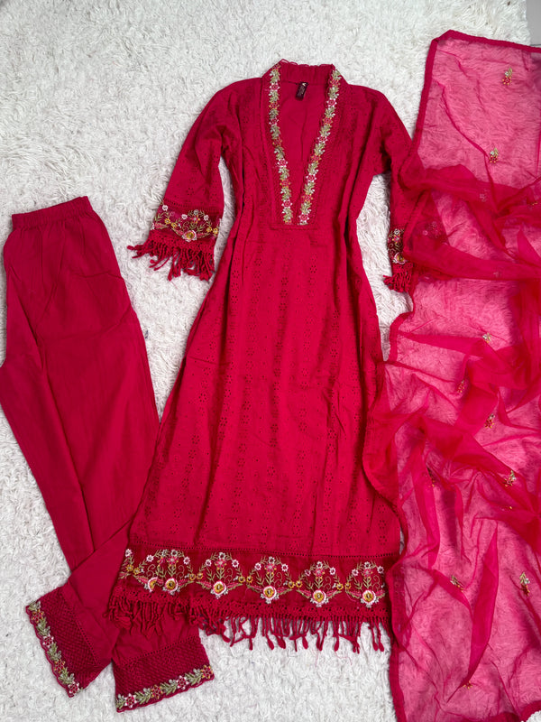 Rani-Pink Crochet-Luxurious-Embroidered Dupatta-Kurti-Pant-Set
