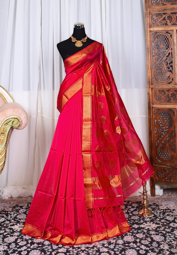 Rani-Pink Gold Pure Silk Cotton Butta Pallu Maheshwari Saree