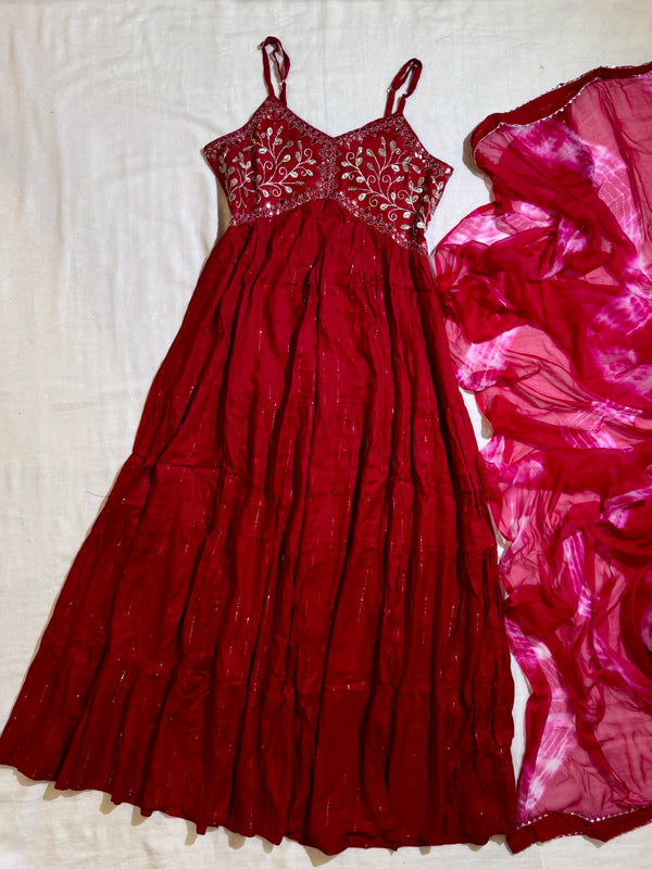 Rani-Pink Zari-Muslin Embroidered Flare-Anarkali-Kurti-Dupatta-Set