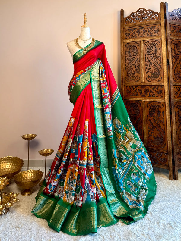 Red-Green Soft-Silk Kalamkari-Themed Zari-Border North-Saree
