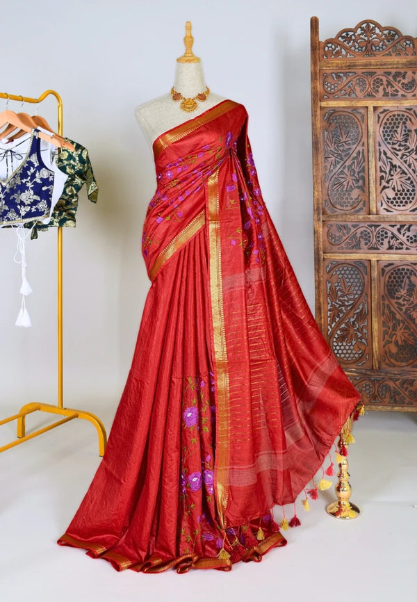 Red-Gold Kota-Silk Floral-Embroidery Woven-Border Bengal-Saree