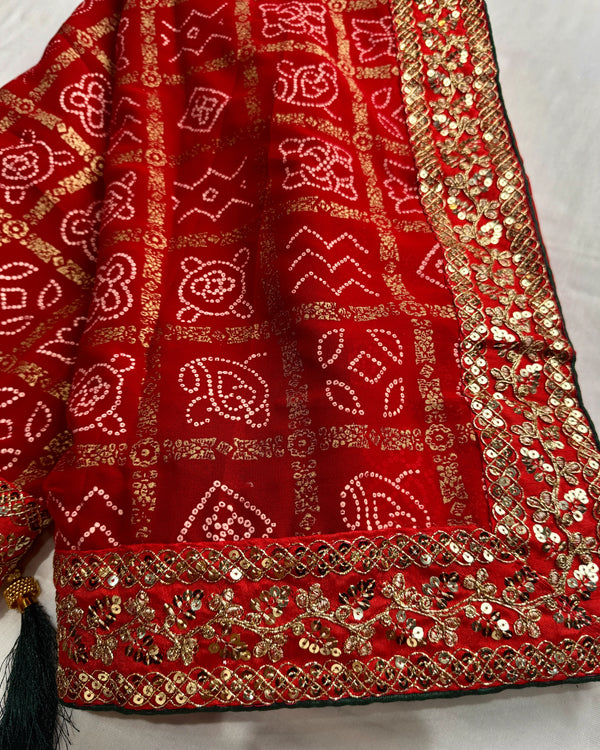 Red-Green Chiffon Bhandini-Print Sequin-Border North-Saree