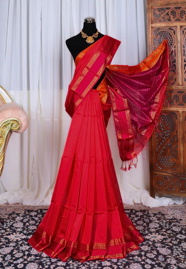 Red-Orange Handwoven Pure-Silk-Cotton Woven-Border Plain-Body Maheshwari-Saree