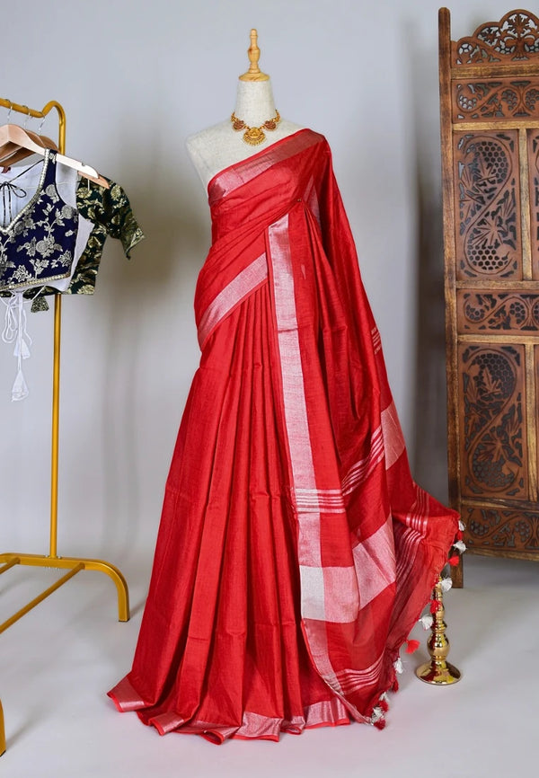 Red Linen-Cotton Silver-Zari Woven-Border Bengal-Saree