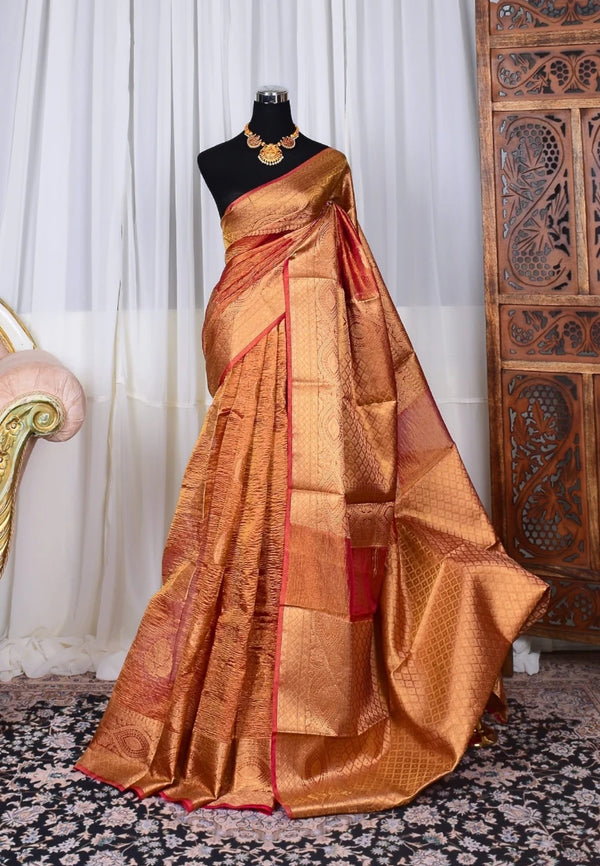 Red-Peach Crushed-Tissue-Silk Butta-Woven Banarasi-Saree