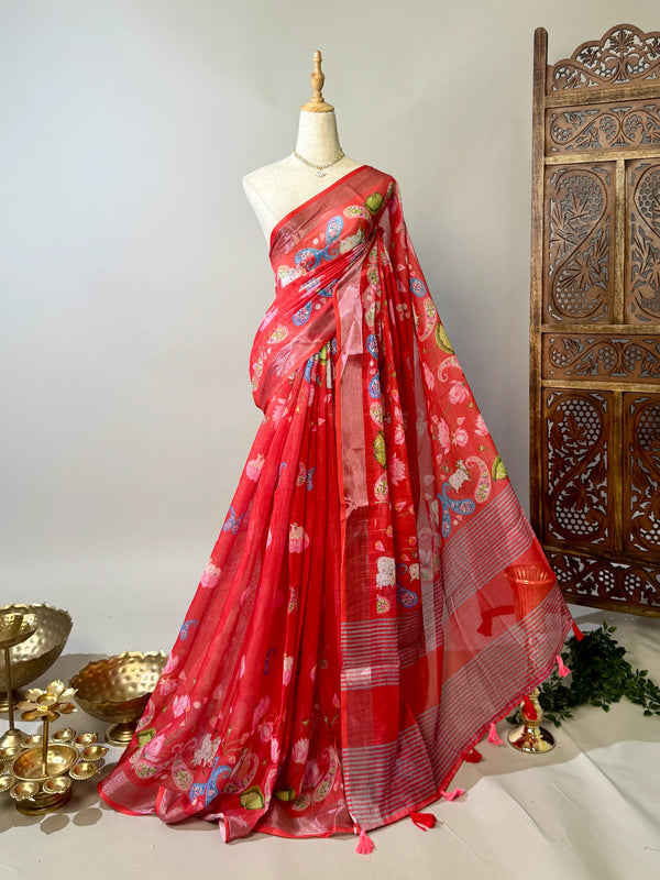Red Soft-Cotton Kalamkari-Pichwai North-Saree