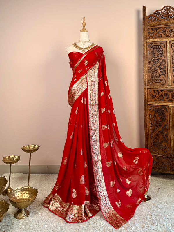 Rich-Red Weightless-Georgette Zari-Woven Grand-North-Saree