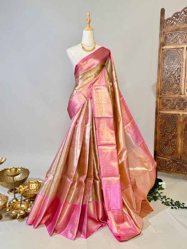 Rose-Gold Tanchui- Woven Soft-Silk-Tissue Banarasi-Saree