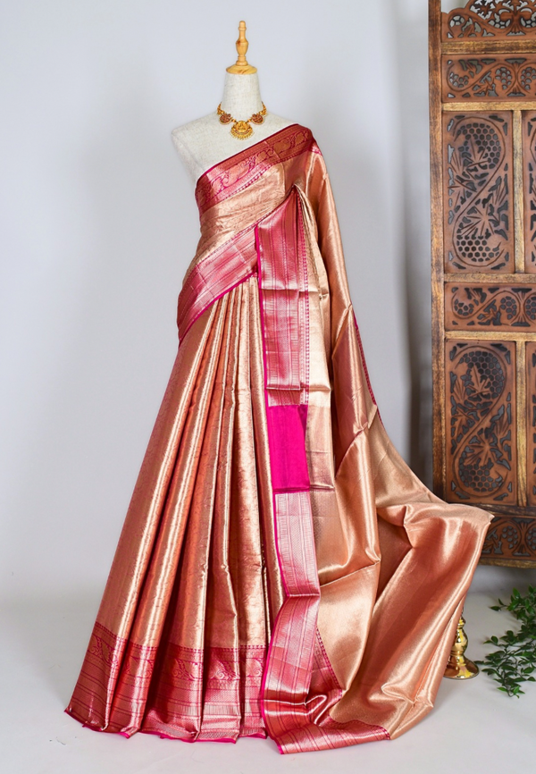 Rose-Gold-Pink Synthetic-Silk Tanchui-Embossed-Weaving Banarasi-Saree