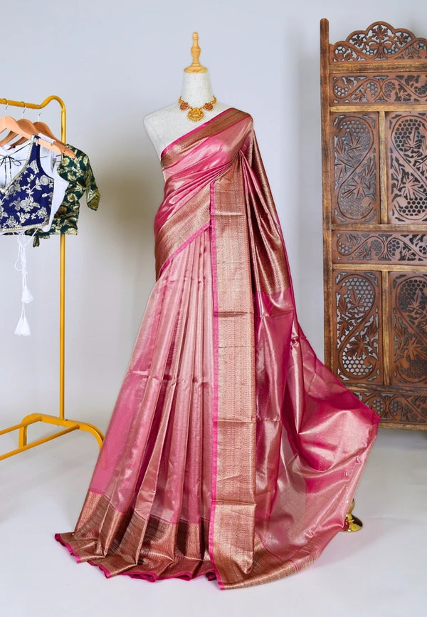 Rose-Pink Silk-Tissue Grand-Border Banarasi-Saree