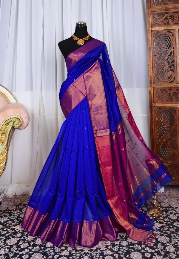 Royal-Blue-Pink Handwoven Pure-Silk-Cotton Butti-Body Maheshwari-Saree