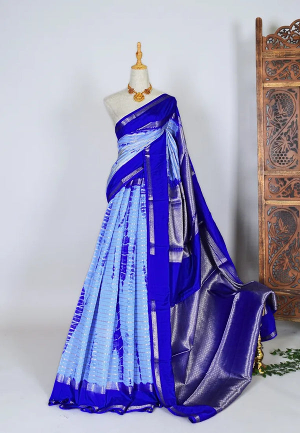 Royal-Blue Dupion Silk Shibori Tie-Dye Banarasi Saree