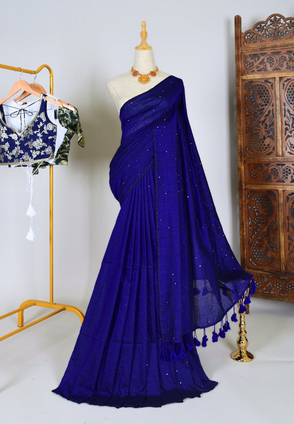 Royal-Blue Handspun Pure Cotton Sequin Stitched Bengal Saree