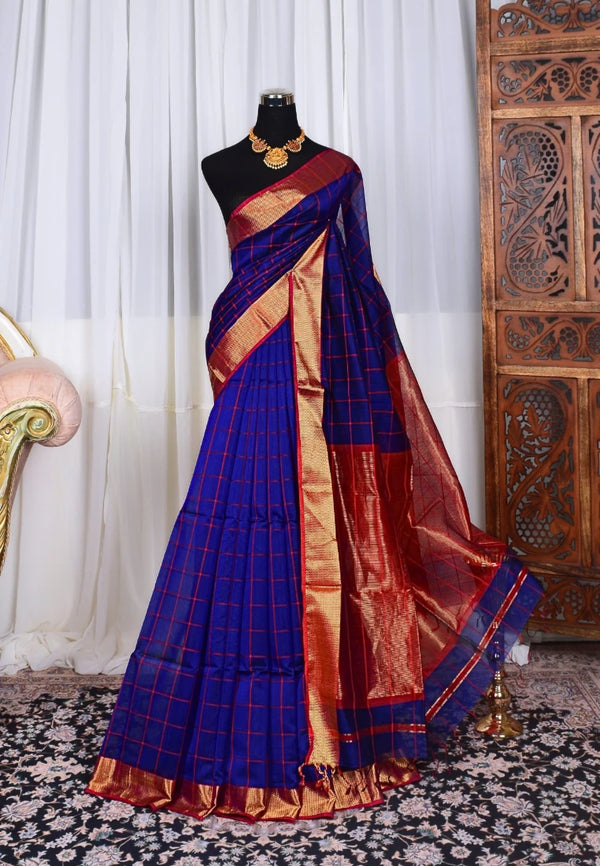 Royal-Blue-Red Pure-Silk-Cotton Checkered-Body Handloom Maheshwari-Saree