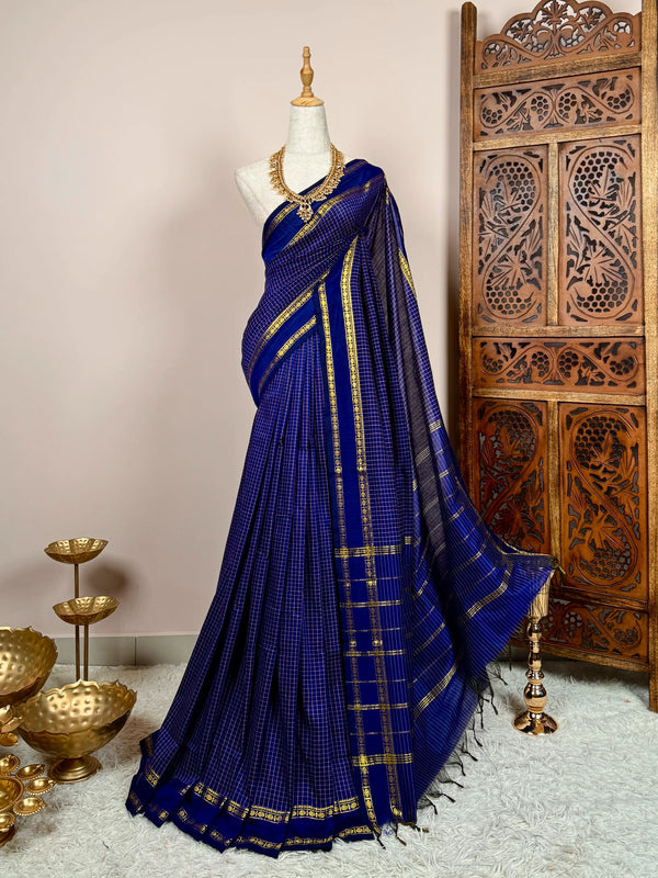 Royal-Blue Pure-Cotton Zari-Woven-Kattam South-Saree