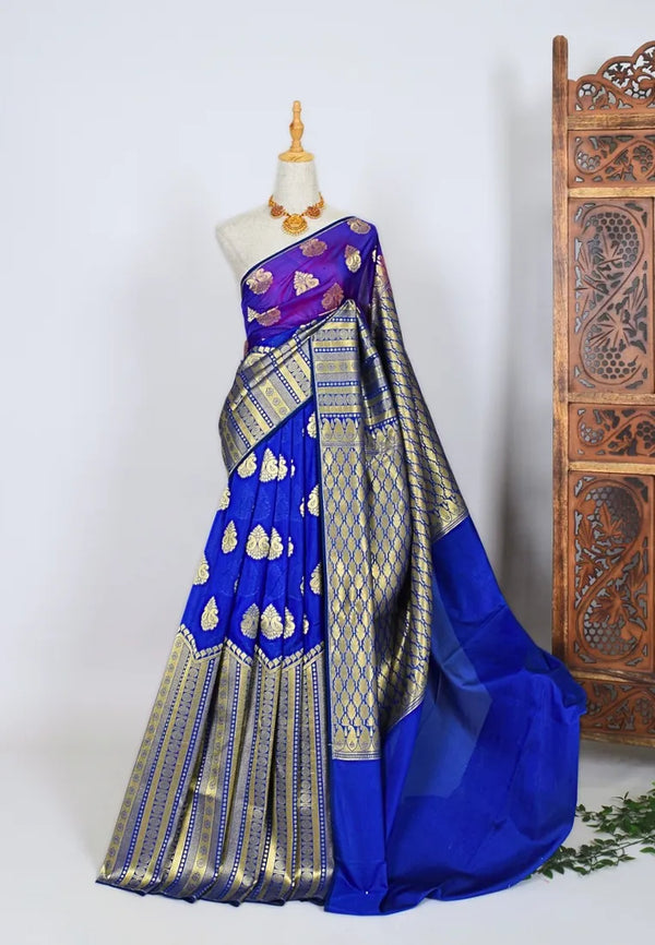 Royal-Blue Soft-Silk Zari-Grand-Design Banarasi-Saree