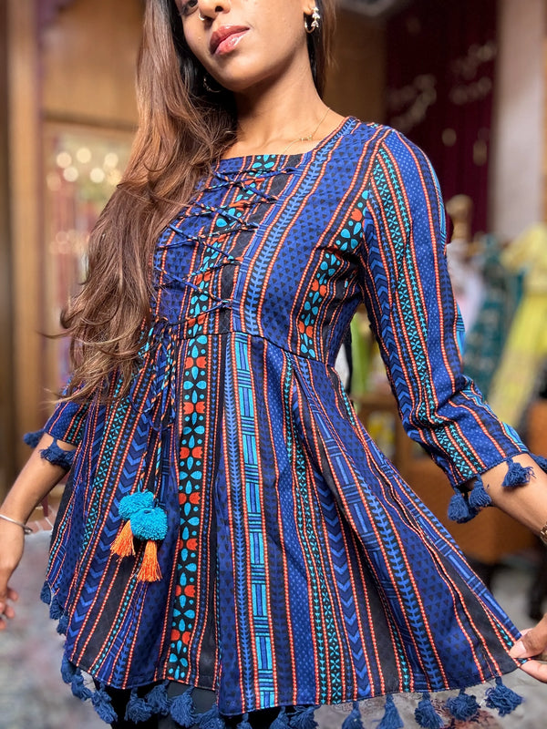 Royal-Blue Pure-Cotton Block-Print Tunic-Kurti-Top