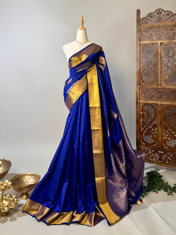 Royal-Blue-Gold Soft-Silk Square-Woven-Butta South-Saree