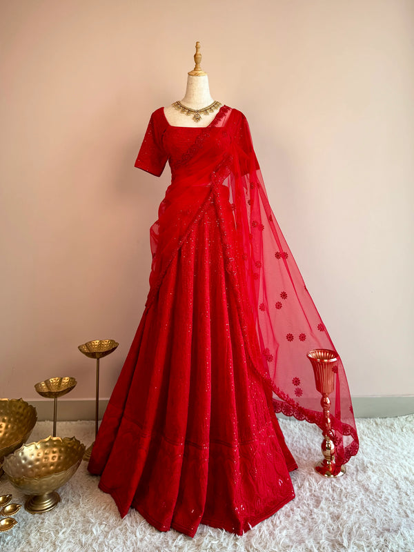 Ruby-Red Georgette Sequin-Embroidery Kalidaar-Lehenga-Blouse-Dupatta-Set