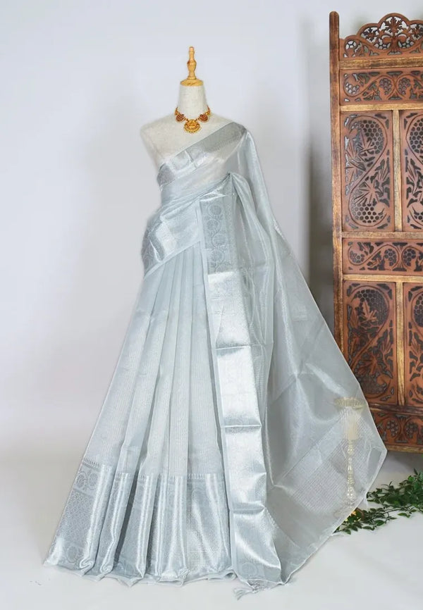 Silver Kota-Cotton-Tissue Tall-Zari-Border Banarasi-Saree