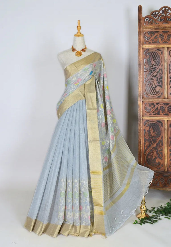 Silver-Grey Gold Kota Cotton Floral Embroidery Banarasi Saree