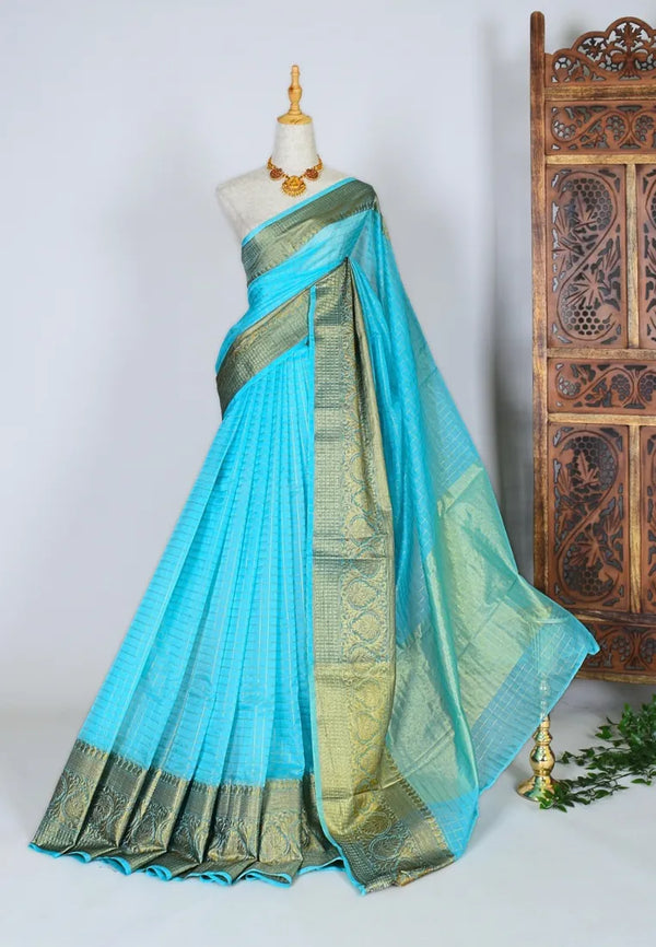 Sky-Blue Cotton-Organza Checkered-Zari-Body Banarasi-Saree