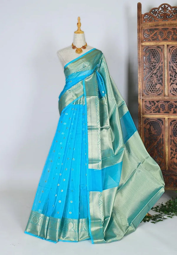 Sky-Blue Soft-Organza Zari-Butti-Woven Banarasi-Saree