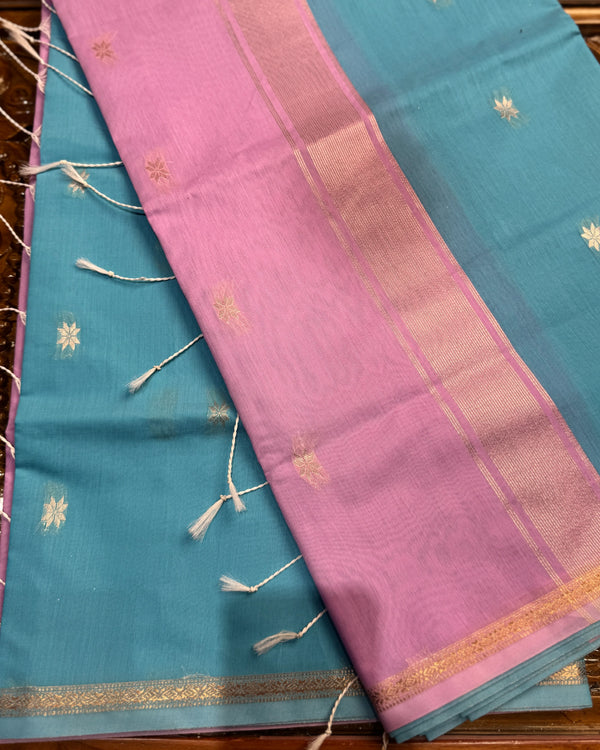 Sky-Blue-Pink Poly-Silk-Cotton South-Saree