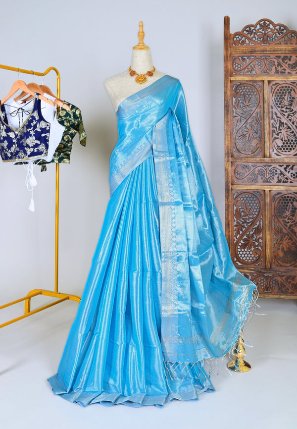 Sky-Blue Silver Handspun Pure Cotton Tissue Small Border Bengal Saree