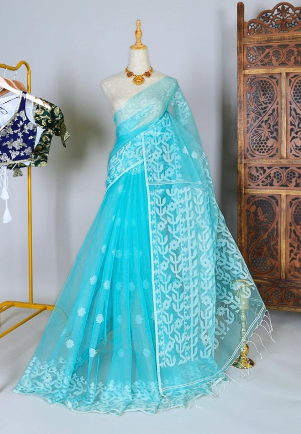 Sky-Blue-White Handloom Pure-Muslin Jamdani-Weaving Bengal-Saree