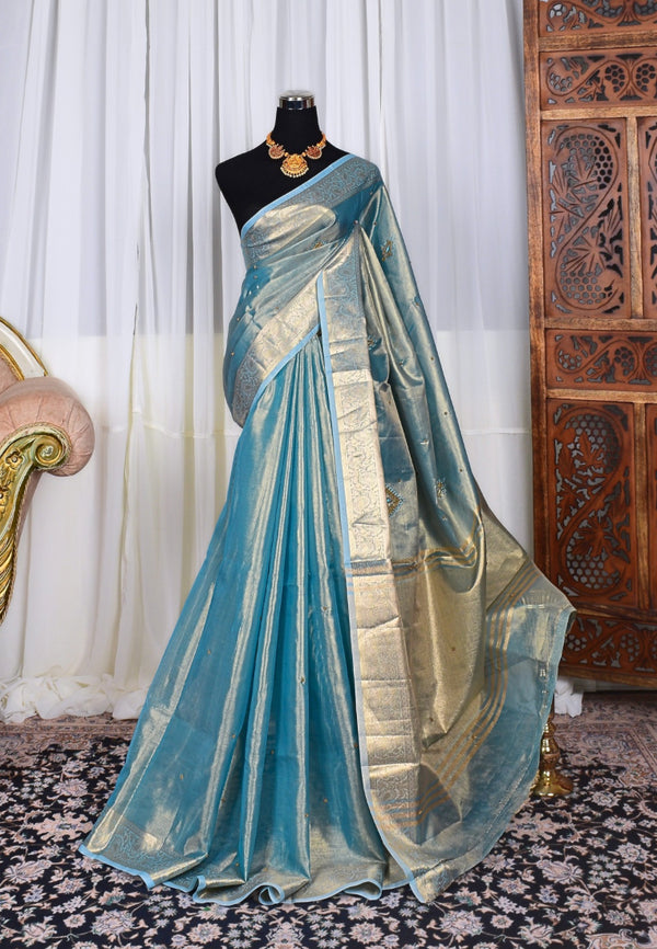 Sky-Blue-Gold Silk-Tissue Aari-Handwork-Butta Premium Banarasi Saree
