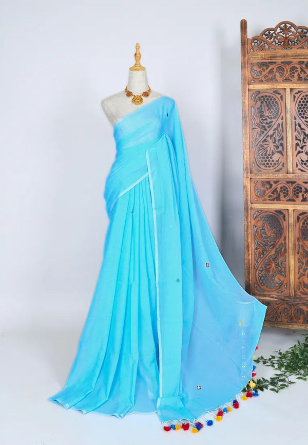 Sky-Blue Handspun Pure Cotton Foil Embroidery Plain Bengal Saree