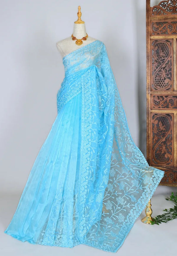 Sky-Blue Soft Organza Embroidered North Saree