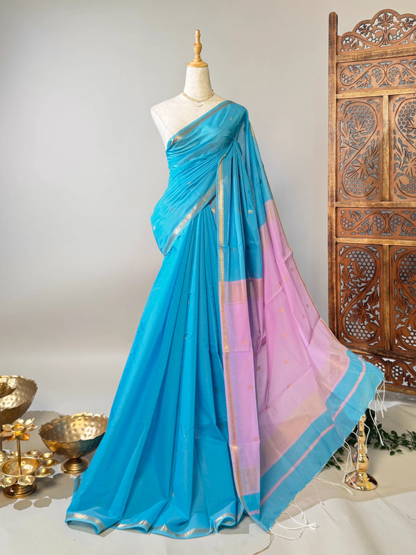 Sky-Blue-Pink Poly-Silk-Cotton Butta-Woven South-Saree