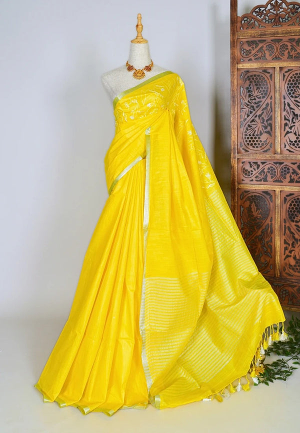 Sun-Yellow Kota-Silk Thread-Embroidery Zari-Border Bengal-Saree