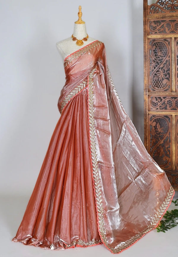 Sweet-Peach Silky-Tissue-Organza Embellished-Sequin-Border North-Saree