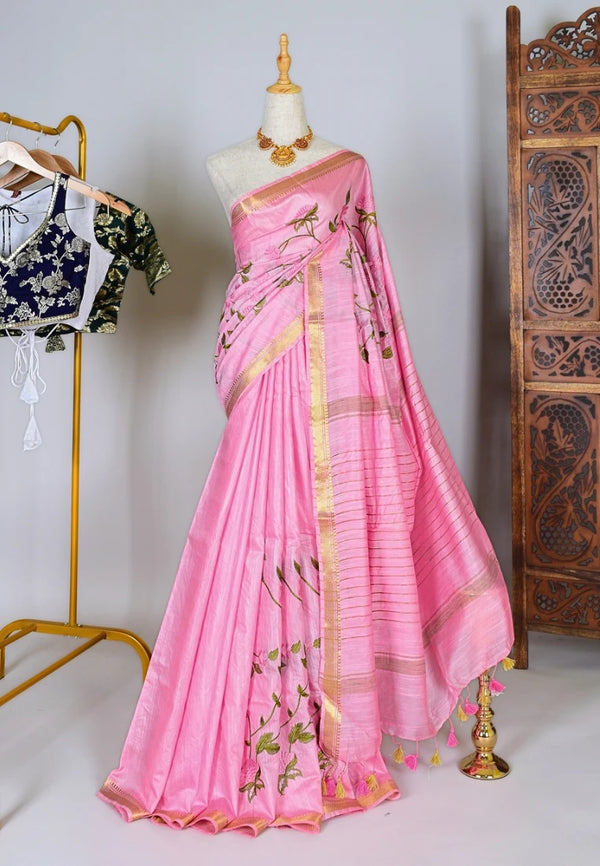 Sweet-Pink Kota-Silk Floral-Embroidery Woven-Patta-Border Bengal-Saree