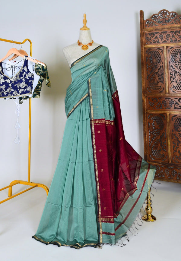 Turquoise Burgundy Pure Silk Cotton Small Border Maheswari Saree