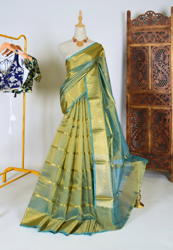 Turquoise Gold Tissue-Organza Striped Zari Banarasi Saree