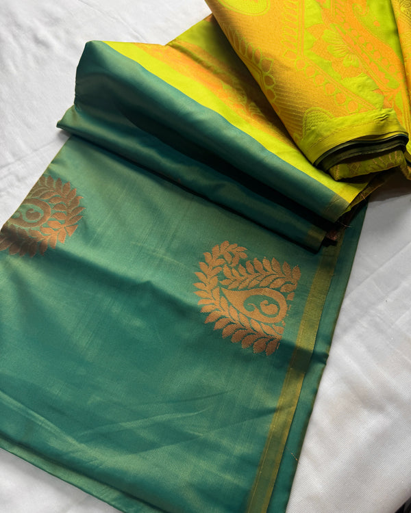 Turquoise-Lime Premium-Soft-Silk Zari-Woven South-Saree