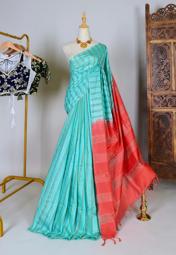 Turquoise-Red Kota-Silk Striped-Ghicha Bengal-Saree