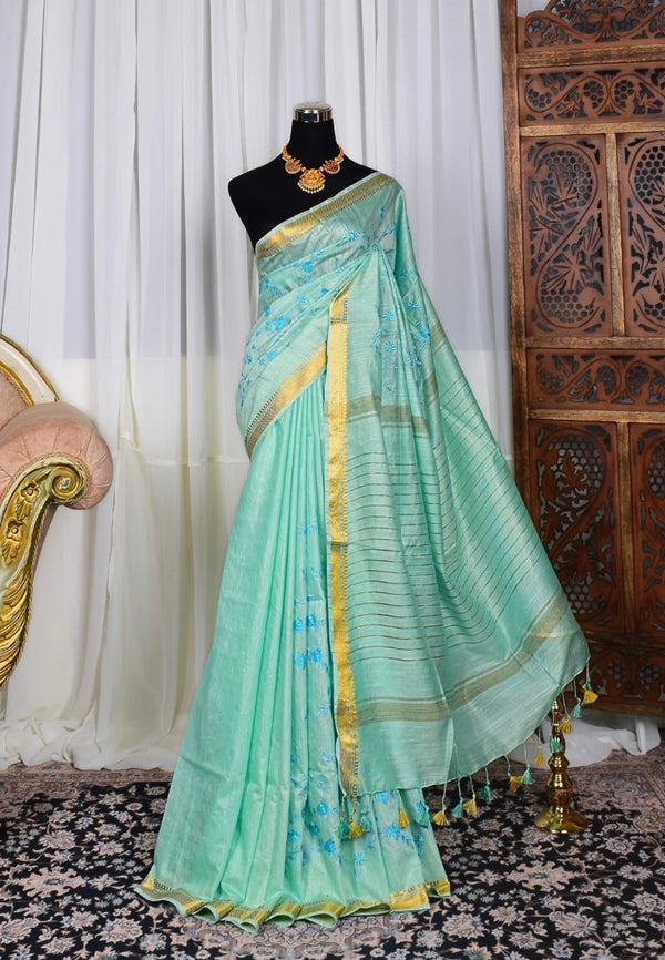 Turquoise-Gold Kota-Silk Embroidered-Floral Body-Striped-Body Bengal-Saree