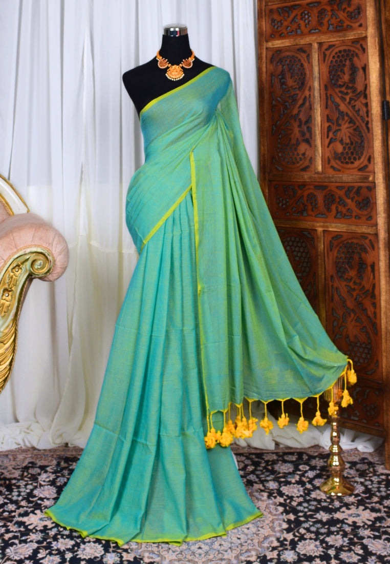 Turquoise Handspun Pure Cotton Plain Body Bengal Saree – Yeshan Sarees