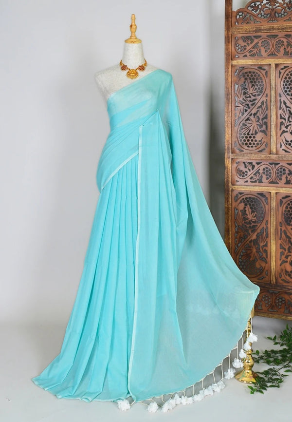 Turquoise Handspun Pure-Cotton Plain-Soft Bengal-Saree