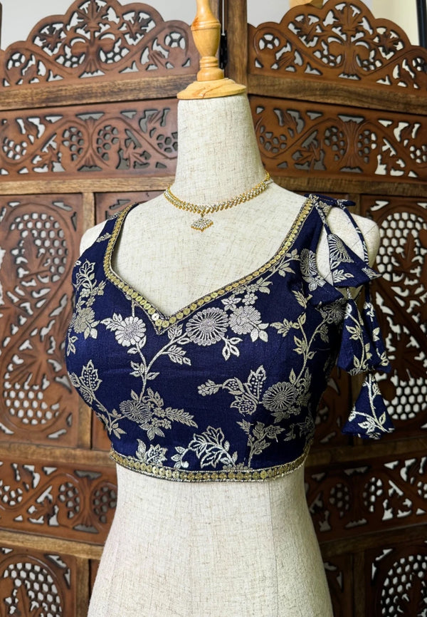 Navy-Blue Zari-Brocade-Embroidered Art-Silk V-Neck Blouse