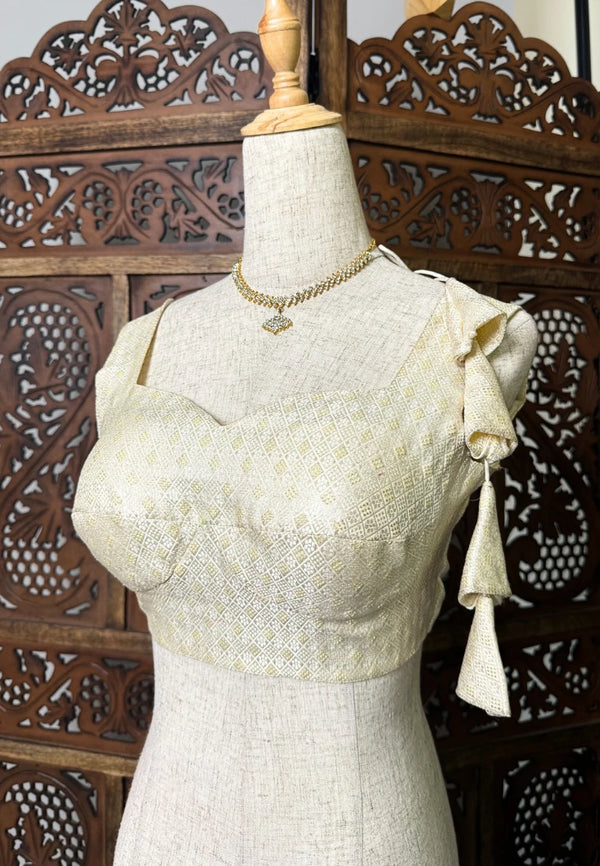 Off-White Zari-Brocade Cotton-Blend Designer-Neck Blouse